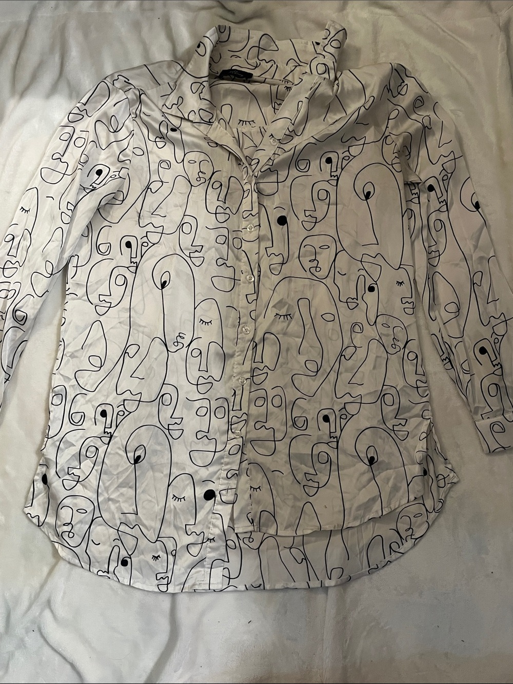 White Button-Up Shirt with Abstract Continuous Face Print